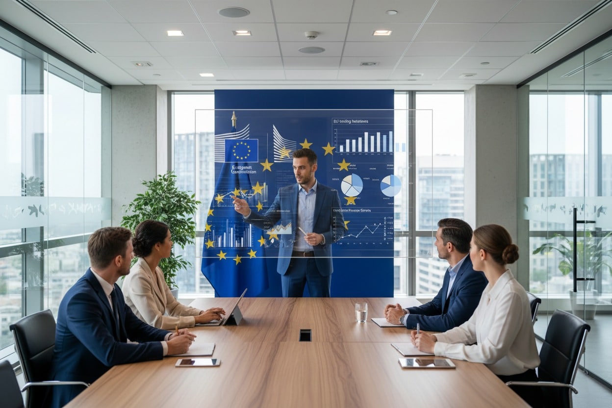Un uomo in abito fa una presentazione a un gruppo di colleghi seduti attorno a un grande tavolo da riunione, indicando grafici digitali fluttuanti davanti a una bandiera dell'Unione Europea.