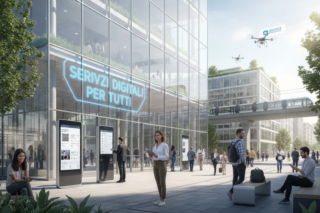 Persone camminano e interagiscono con schermi interattivi digitali all'esterno di un edificio aziendale moderno.