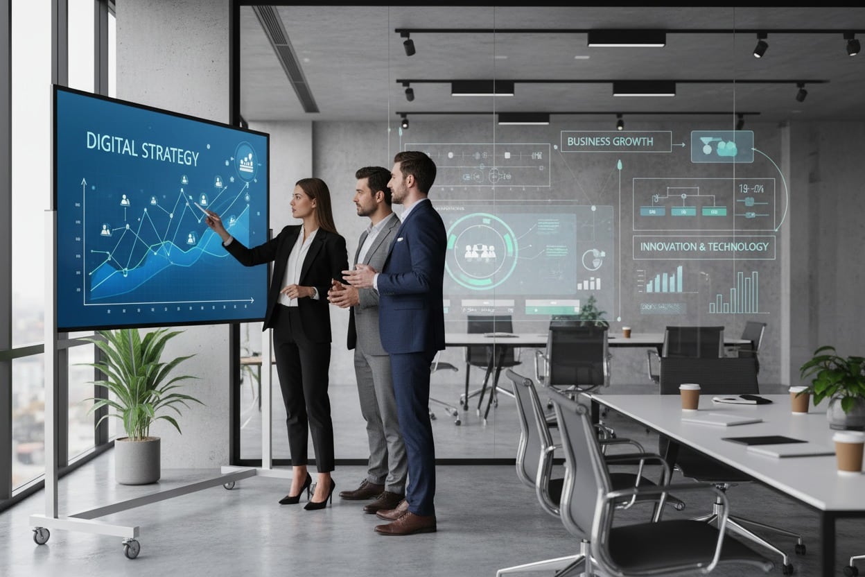Tre professionisti aziendali in piedi in una sala riunioni moderna osservano una presentazione su una lavagna digitale interattiva.