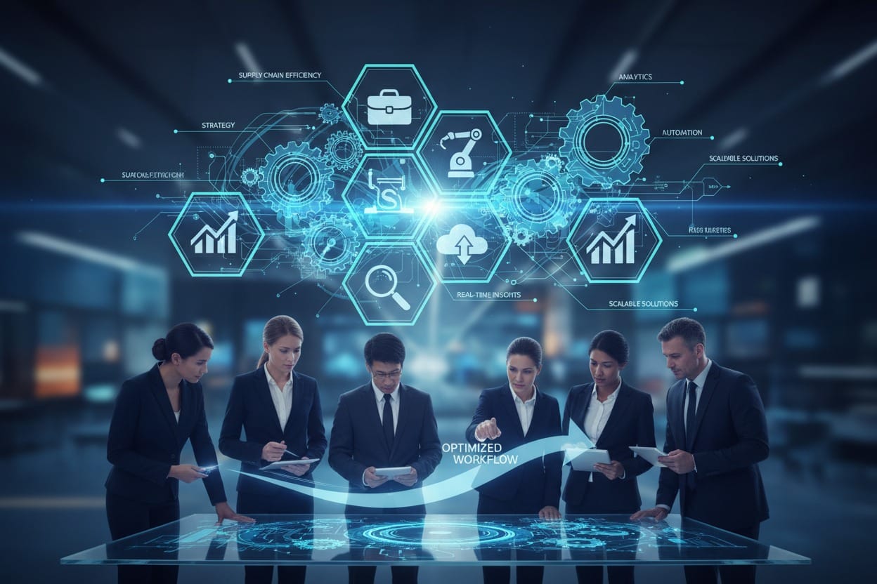 Un team di sei professionisti in abito formale interagisce con ologrammi digitali e grafici fluttuanti sopra un tavolo interattivo in un ambiente aziendale e tecnologico.